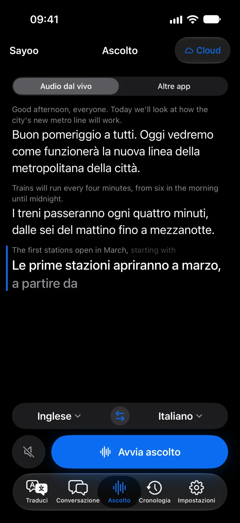 Sottotitoli dal vivo durante l'ascolto